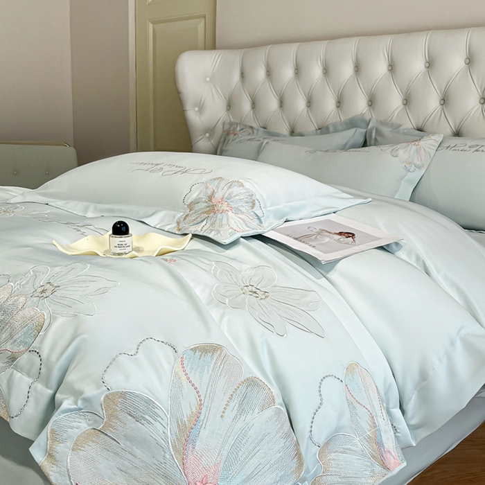 91家纺网 家纺一手货源 找家纺 新方向 2025新款天丝刺绣四件套-时光 时光-抹茶绿