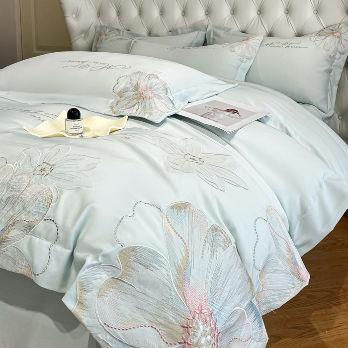 91家纺网 家纺一手货源 找家纺 新方向 2025新款天丝刺绣四件套-时光 时光-抹茶绿