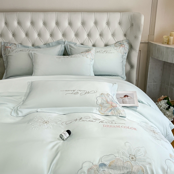 91家纺网 家纺一手货源 找家纺 新方向 2025新款天丝刺绣四件套-时光 时光-抹茶绿