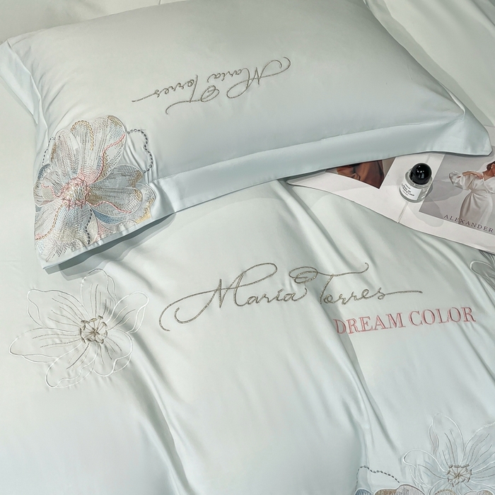 91家纺网 家纺一手货源 找家纺 新方向 2025新款天丝刺绣四件套-时光 时光-抹茶绿