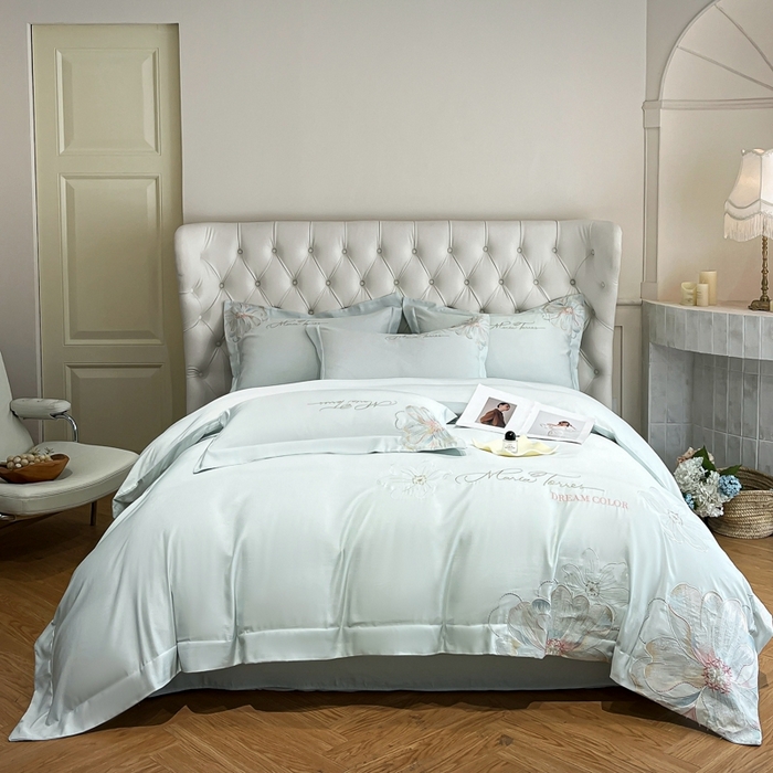 91家纺网 家纺一手货源 找家纺 新方向 2025新款天丝刺绣四件套-时光 时光-抹茶绿