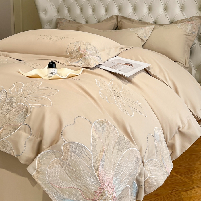 91家纺网 家纺一手货源 找家纺 新方向 2025新款天丝刺绣四件套-时光 时光-香槟