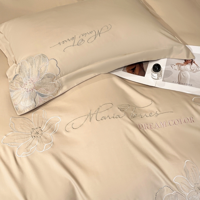 91家纺网 家纺一手货源 找家纺 新方向 2025新款天丝刺绣四件套-时光 时光-香槟