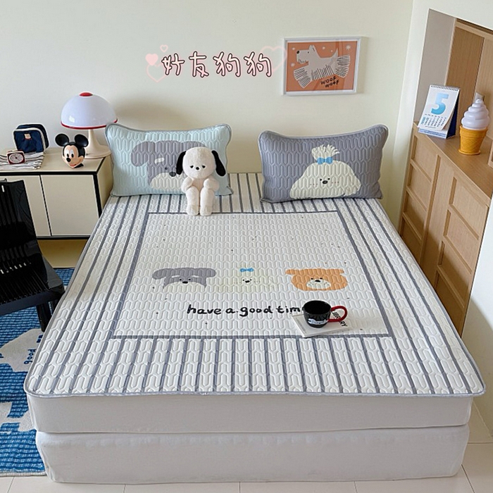 顾里家纺 2025新款凉感丝数码印花ins大版卡通席三件套 好友狗狗