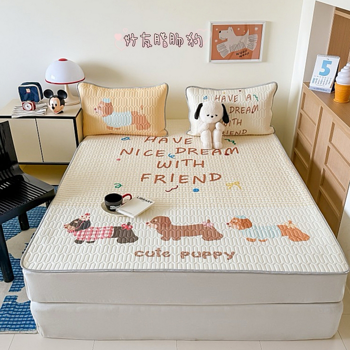 顾里家纺 2025新款凉感丝数码印花ins大版卡通席三件套 好友腊肠狗