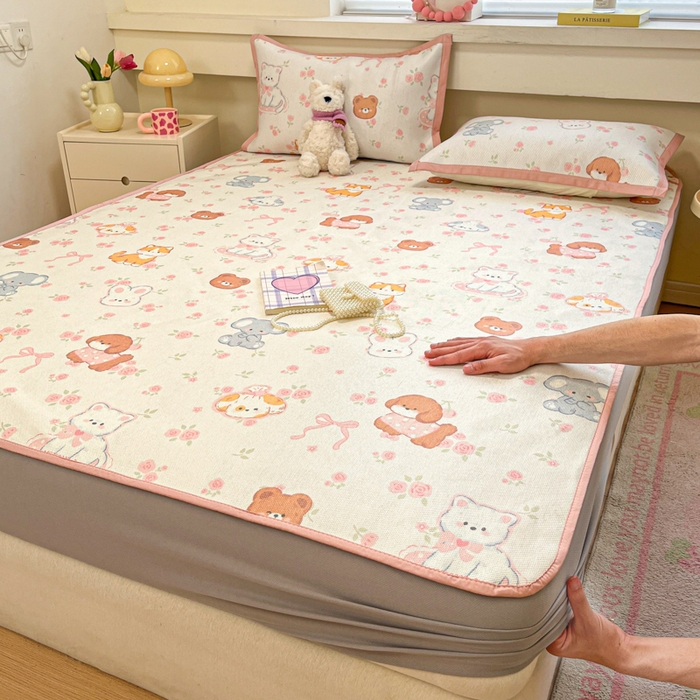 91家纺网 家纺一手货源 找家纺 慕澄家纺 2025新款小清新印花真冰藤系列凉席床笠款 床笠-彩色小萌物