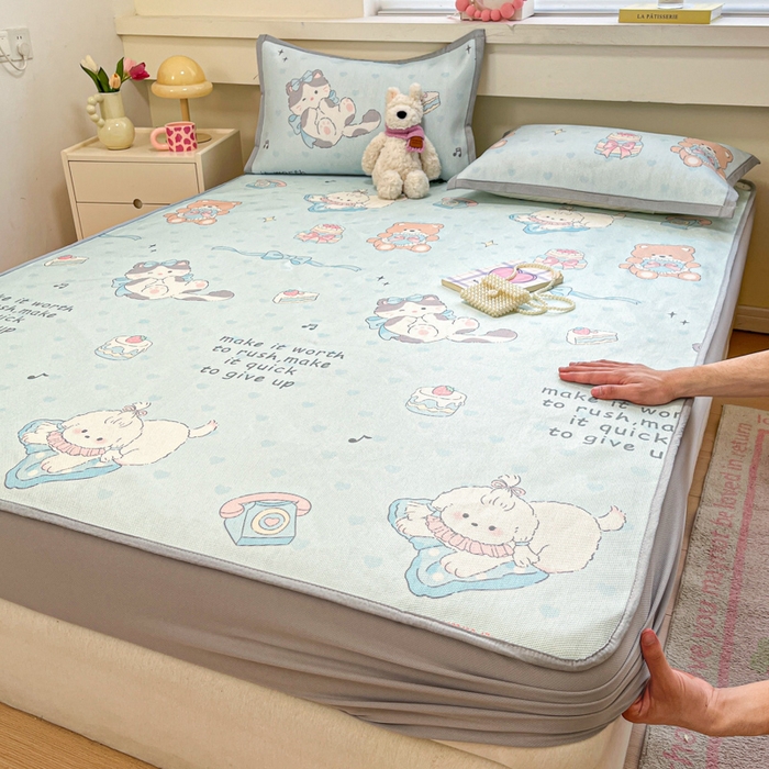 91家纺网 家纺一手货源 找家纺 慕澄家纺 2025新款小清新印花真冰藤系列凉席床笠款 床笠-害羞喵