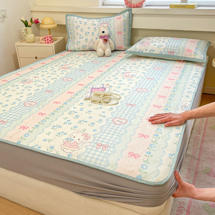 91家纺网 家纺一手货源 找家纺 慕澄家纺 2025新款小清新印花真冰藤系列凉席床笠款 床笠-蓝系宠儿