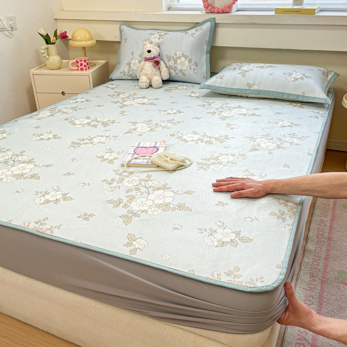 91家纺网 家纺一手货源 找家纺 慕澄家纺 2025新款小清新印花真冰藤系列凉席床笠款 床笠-缇蓝