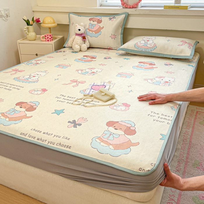 91家纺网 家纺一手货源 找家纺 慕澄家纺 2025新款小清新印花真冰藤系列凉席床笠款 床笠-游园会