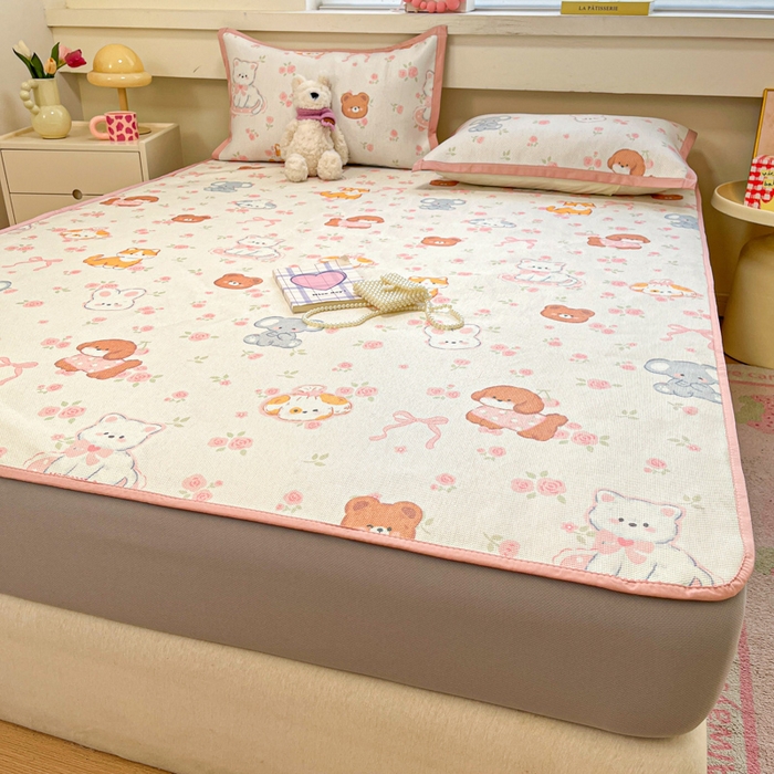 91家纺网 家纺一手货源 找家纺 慕澄家纺 2025新款小清新印花真冰藤系列凉席床笠款 床笠-彩色小萌物