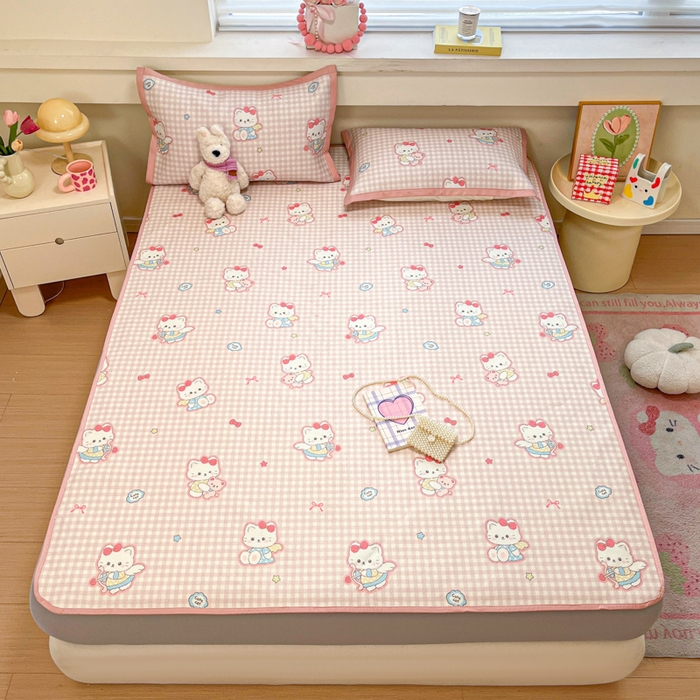 91家纺网 家纺一手货源 找家纺 慕澄家纺 2025新款小清新印花真冰藤系列凉席床笠款 床笠-粉格猫咪