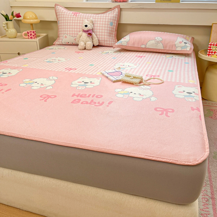 91家纺网 家纺一手货源 找家纺 慕澄家纺 2025新款小清新印花真冰藤系列凉席床笠款 床笠-格子奶芙芙