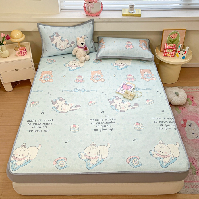 91家纺网 家纺一手货源 找家纺 慕澄家纺 2025新款小清新印花真冰藤系列凉席床笠款 床笠-害羞喵