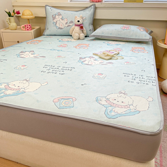 91家纺网 家纺一手货源 找家纺 慕澄家纺 2025新款小清新印花真冰藤系列凉席床笠款 床笠-害羞喵