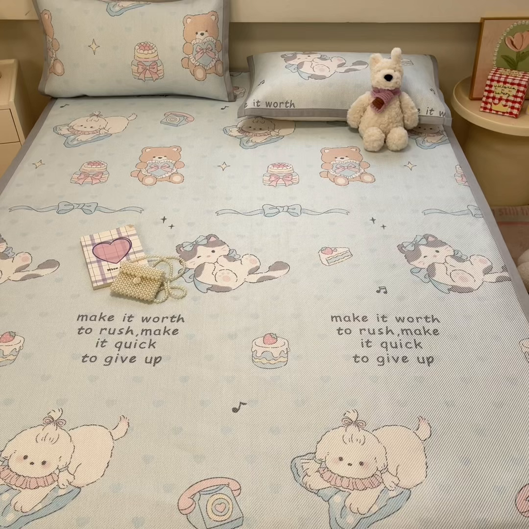 91家纺网 家纺一手货源 找家纺 慕澄家纺 2025新款小清新印花真冰藤系列凉席床笠款 床笠-害羞喵