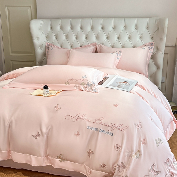 91家纺网 家纺一手货源 找家纺 新方向 2025新款天丝刺绣四件套-蝶恋 蝶恋-粉玉