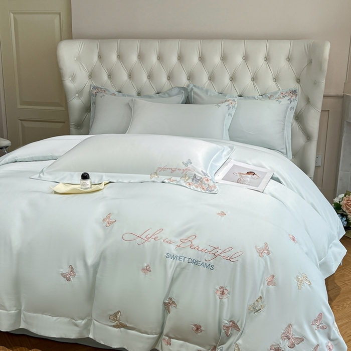 91家纺网 家纺一手货源 找家纺 新方向 2025新款天丝刺绣四件套-蝶恋 蝶恋-抹茶绿