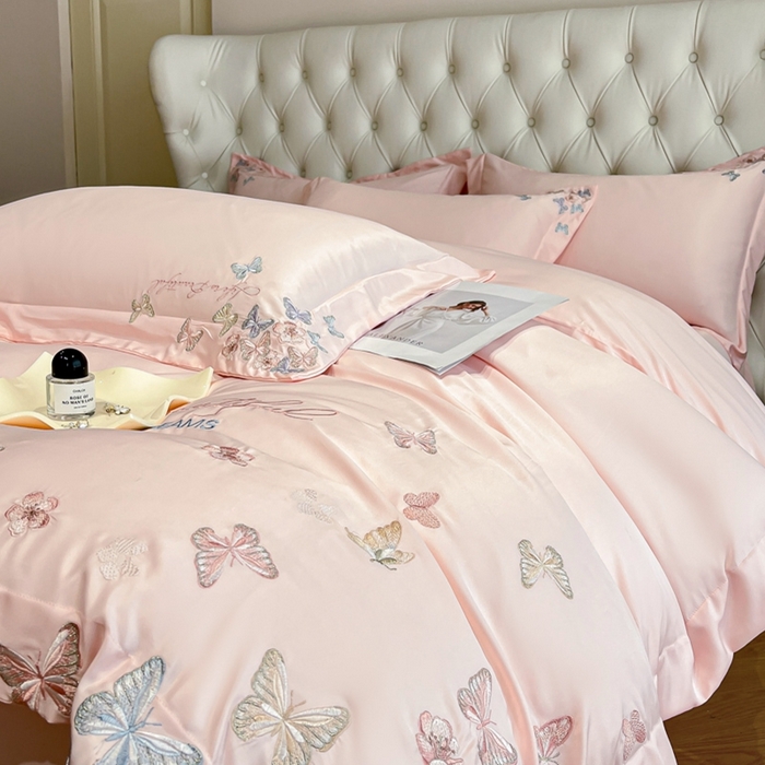 91家纺网 家纺一手货源 找家纺 新方向 2025新款天丝刺绣四件套-蝶恋 蝶恋-粉玉