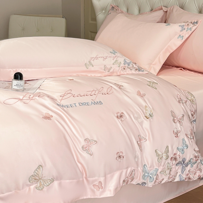 91家纺网 家纺一手货源 找家纺 新方向 2025新款天丝刺绣四件套-蝶恋 蝶恋-粉玉