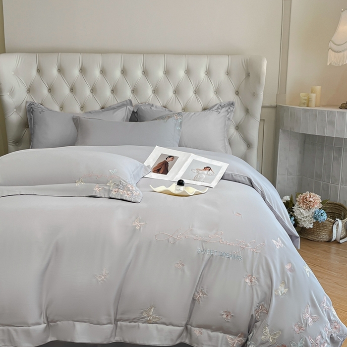 91家纺网 家纺一手货源 找家纺 新方向 2025新款天丝刺绣四件套-蝶恋 蝶恋-爵士灰