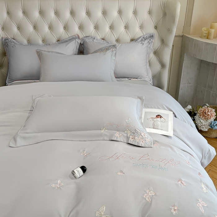 91家纺网 家纺一手货源 找家纺 新方向 2025新款天丝刺绣四件套-蝶恋 蝶恋-爵士灰