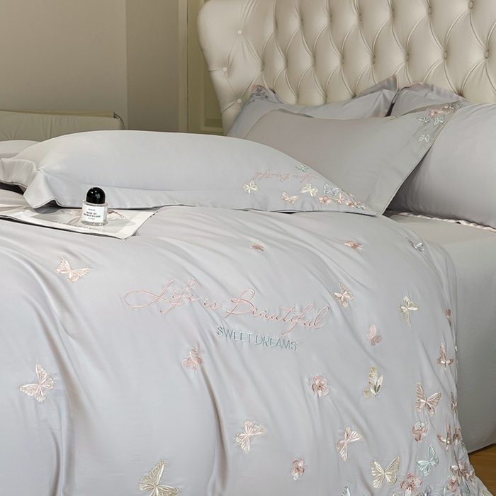 91家纺网 家纺一手货源 找家纺 新方向 2025新款天丝刺绣四件套-蝶恋 蝶恋-爵士灰