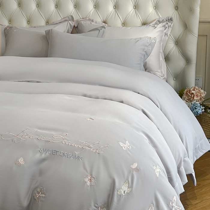 91家纺网 家纺一手货源 找家纺 新方向 2025新款天丝刺绣四件套-蝶恋 蝶恋-爵士灰