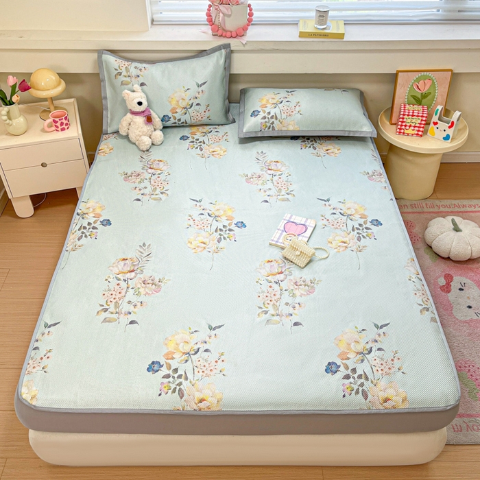 91家纺网 家纺一手货源 找家纺 慕澄家纺 2025新款小清新印花真冰藤系列凉席床笠款 床笠-陌上花开