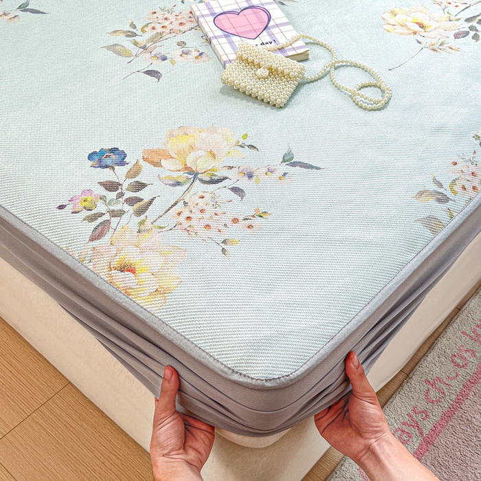 91家纺网 家纺一手货源 找家纺 慕澄家纺 2025新款小清新印花真冰藤系列凉席床笠款 床笠-陌上花开