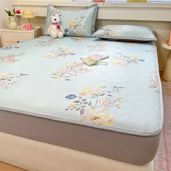 91家纺网 家纺一手货源 找家纺 慕澄家纺 2025新款小清新印花真冰藤系列凉席床笠款 床笠-陌上花开