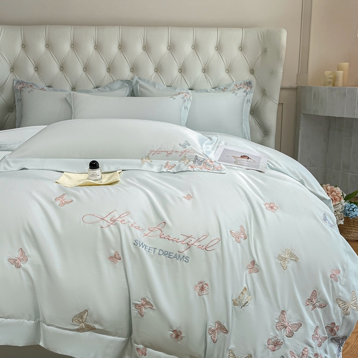 91家纺网 家纺一手货源 找家纺 新方向 2025新款天丝刺绣四件套-蝶恋 蝶恋-抹茶绿