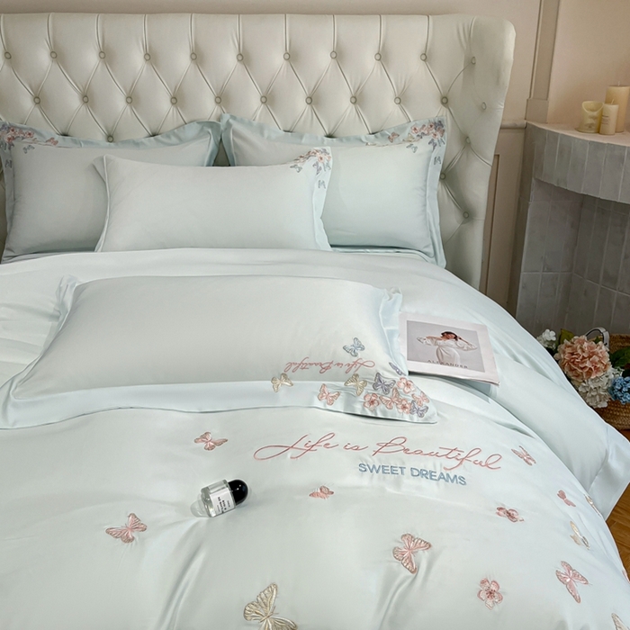 91家纺网 家纺一手货源 找家纺 新方向 2025新款天丝刺绣四件套-蝶恋 蝶恋-抹茶绿