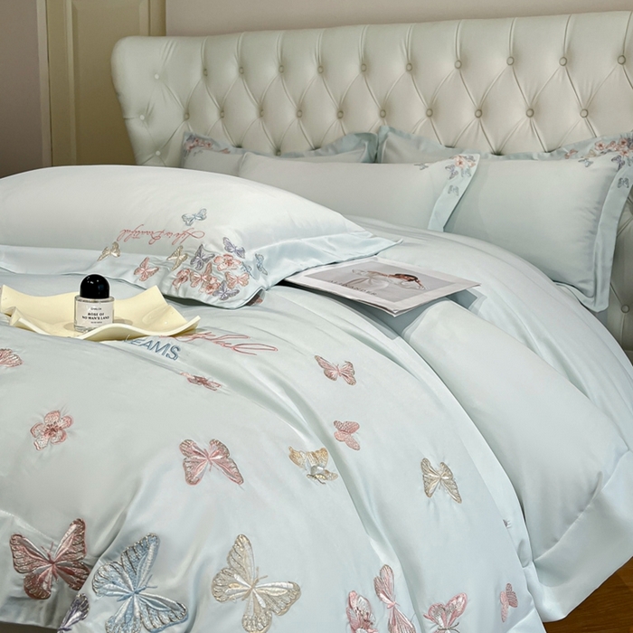 91家纺网 家纺一手货源 找家纺 新方向 2025新款天丝刺绣四件套-蝶恋 蝶恋-抹茶绿