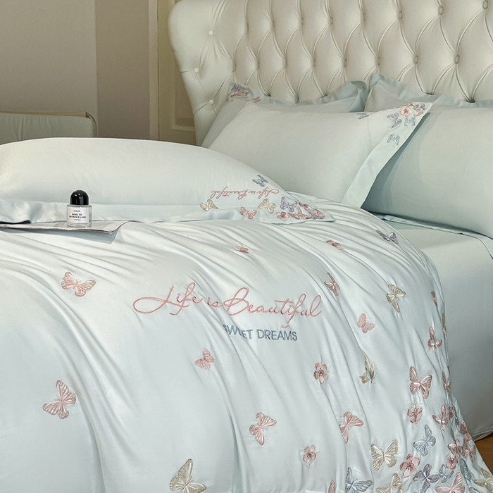 91家纺网 家纺一手货源 找家纺 新方向 2025新款天丝刺绣四件套-蝶恋 蝶恋-抹茶绿