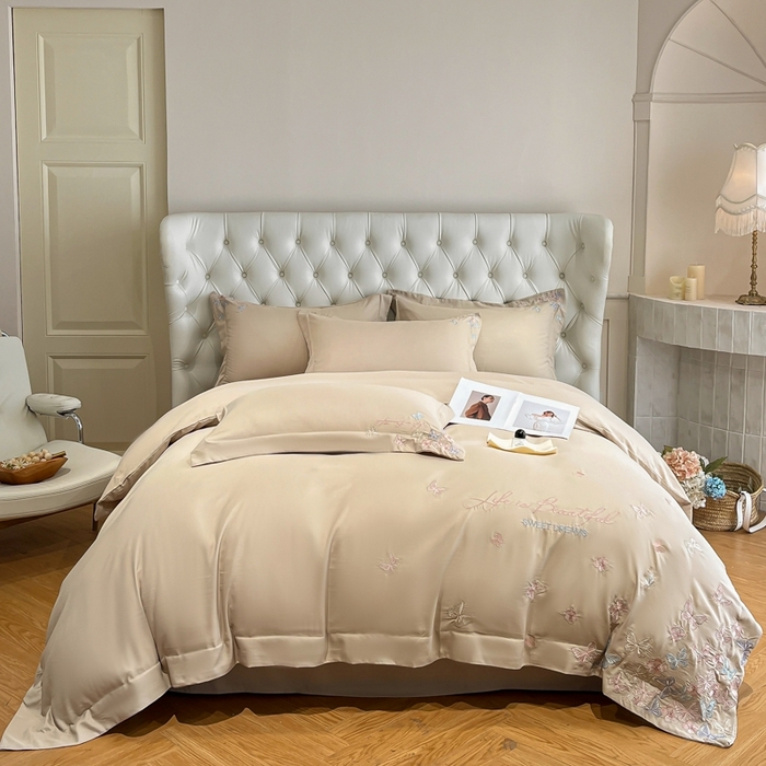 91家纺网 家纺一手货源 找家纺 新方向 2025新款天丝刺绣四件套-蝶恋 蝶恋-香槟