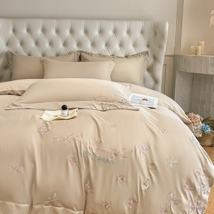 91家纺网 家纺一手货源 找家纺 新方向 2025新款天丝刺绣四件套-蝶恋 蝶恋-香槟