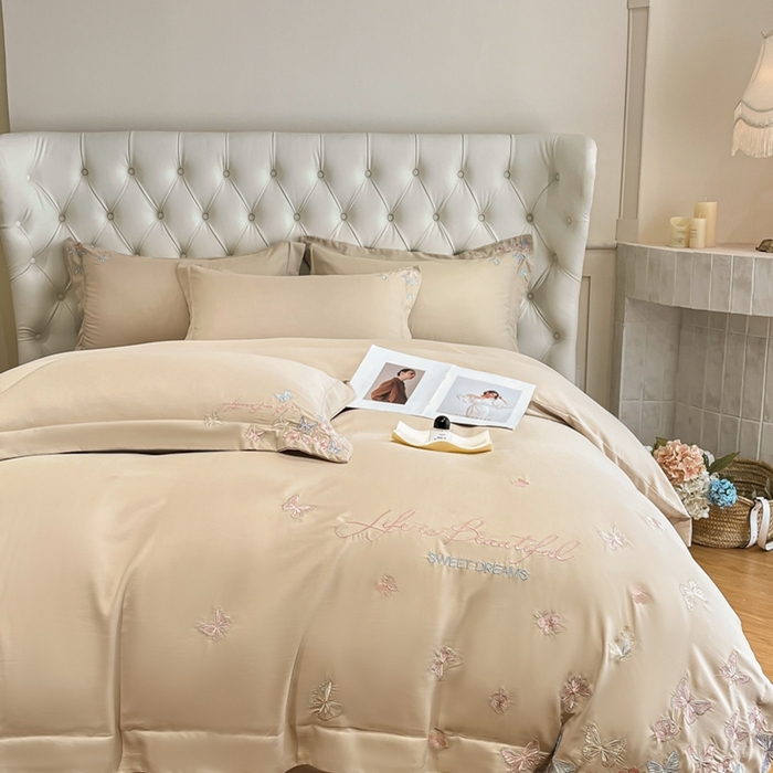 91家纺网 家纺一手货源 找家纺 新方向 2025新款天丝刺绣四件套-蝶恋 蝶恋-香槟