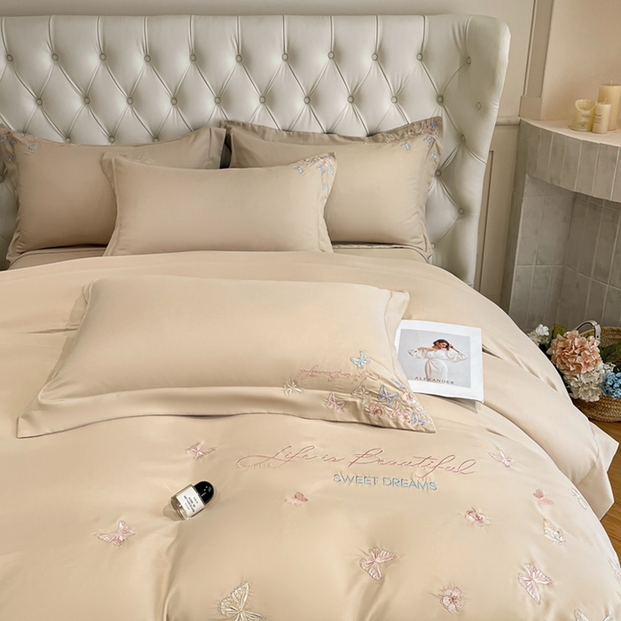 91家纺网 家纺一手货源 找家纺 新方向 2025新款天丝刺绣四件套-蝶恋 蝶恋-香槟