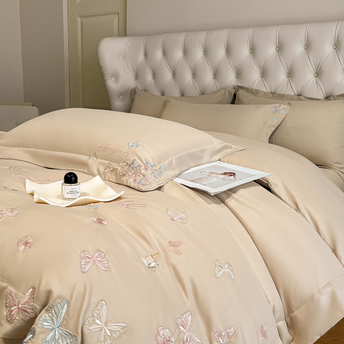 91家纺网 家纺一手货源 找家纺 新方向 2025新款天丝刺绣四件套-蝶恋 蝶恋-香槟