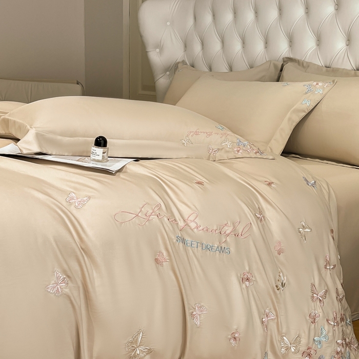 91家纺网 家纺一手货源 找家纺 新方向 2025新款天丝刺绣四件套-蝶恋 蝶恋-香槟