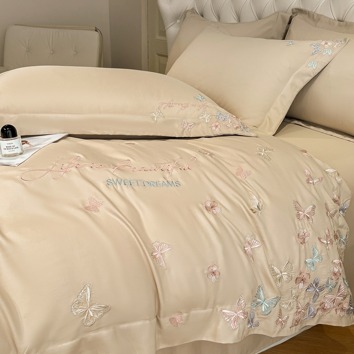 91家纺网 家纺一手货源 找家纺 新方向 2025新款天丝刺绣四件套-蝶恋 蝶恋-香槟