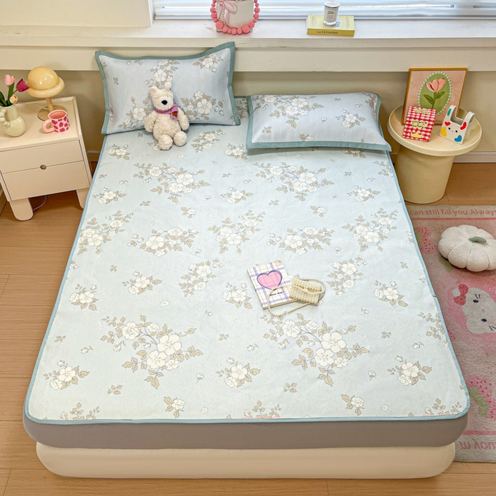 91家纺网 家纺一手货源 找家纺 慕澄家纺 2025新款小清新印花真冰藤系列凉席床笠款 床笠-缇蓝