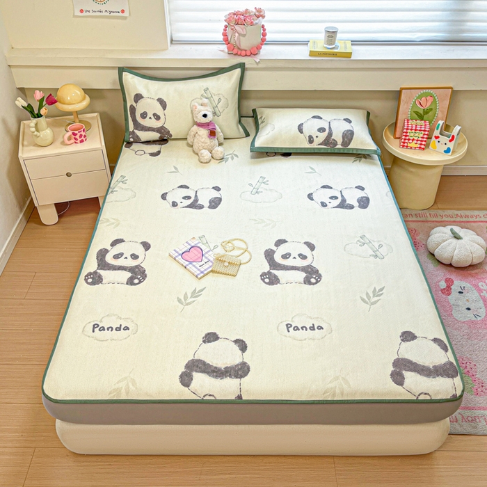 91家纺网 家纺一手货源 找家纺 慕澄家纺 2025新款小清新印花真冰藤系列凉席床笠款 床笠-熊猫戏竹