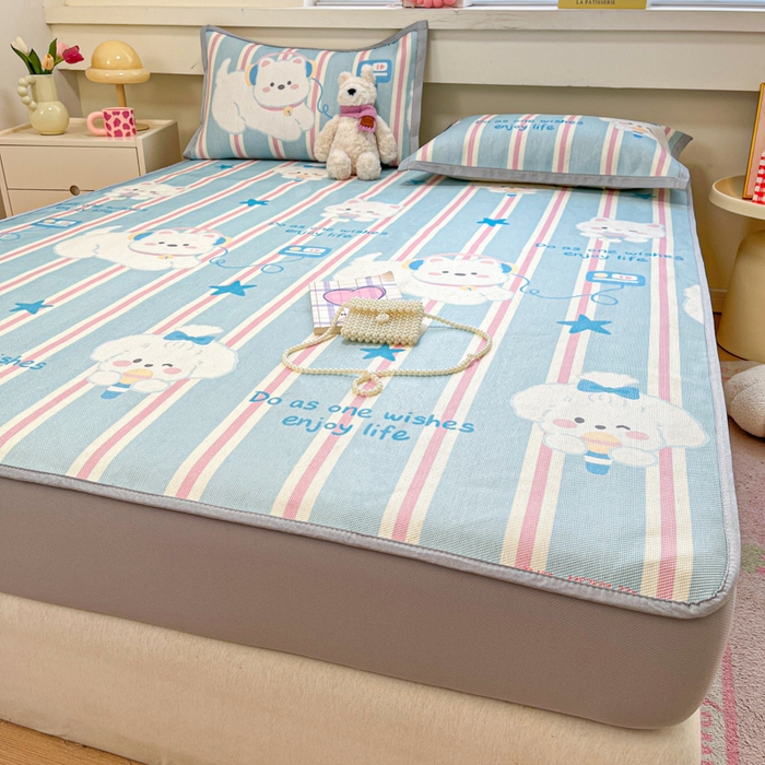 91家纺网 家纺一手货源 找家纺 慕澄家纺 2025新款小清新印花真冰藤系列凉席床笠款 床笠-元气崽崽