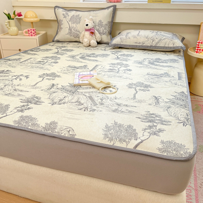 91家纺网 家纺一手货源 找家纺 慕澄家纺 2025新款小清新印花真冰藤系列凉席床笠款 床笠-远山