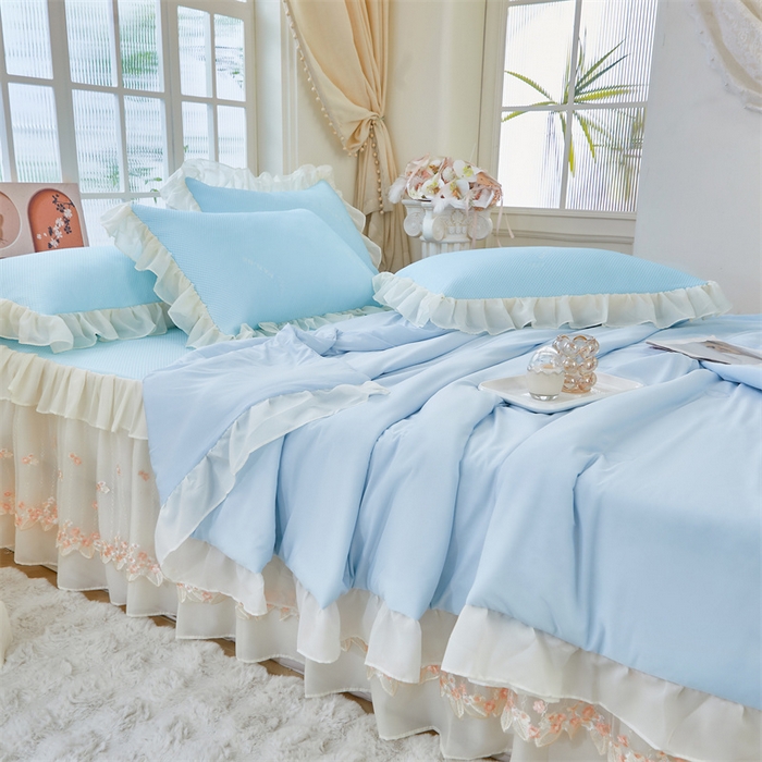 91家纺网 家纺一手货源 找家纺 虹星家纺 2025新款A类冰感凉豆豆床裙席夏被夏凉被空调被四件套-素夏 素夏-天空蓝