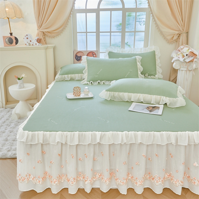 91家纺网 家纺一手货源 找家纺 虹星家纺 2025新款A类冰感凉豆豆床裙席夏被夏凉被空调被四件套-素夏 素夏-抹茶绿