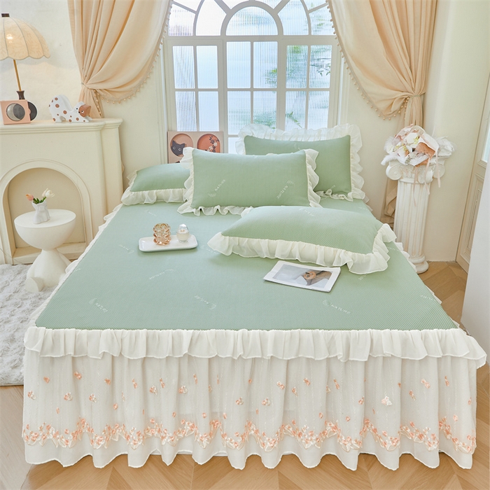 91家纺网 家纺一手货源 找家纺 虹星家纺 2025新款A类冰感凉豆豆床裙席夏被夏凉被空调被四件套-素夏 素夏-抹茶绿