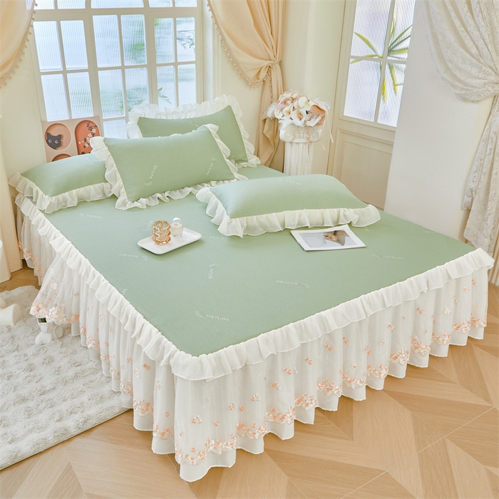 91家纺网 家纺一手货源 找家纺 虹星家纺 2025新款A类冰感凉豆豆床裙席夏被夏凉被空调被四件套-素夏 素夏-抹茶绿